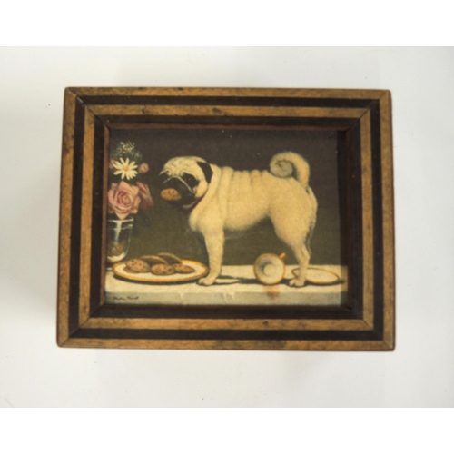 195 - Small musical box, the cover inset with a print of a pug dog