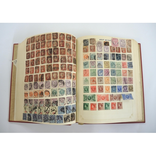 217 - Album of World stamps including Great Britain with Victorian five shilling stamp, multiple penny red... 