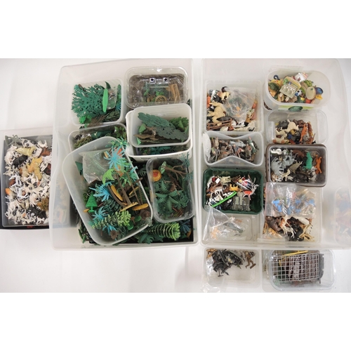 236 - Two boxes containing a quantity of various plastic farm animal figures with various trees and other ... 