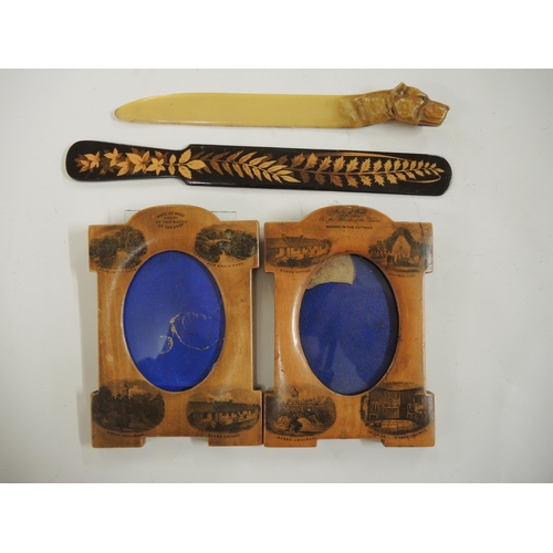 271 - Pair of Mauchline ware frames both decorated with images of Burns cottage, commemorative fan, wooden... 