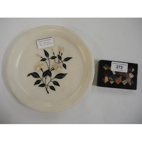 272 - Small pietra dura paperweight and a circular Agra ware plate inlaid with flowers