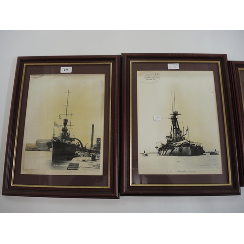 275 - Three framed re printed photographs of  HMS Lowestoft, two HMS Bellerophon, bearing Admiralty Whiteh... 