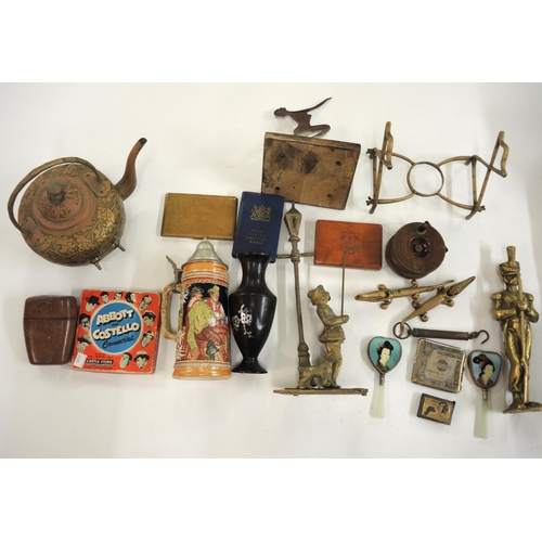 293 - Box containing a collection of miscellaneous items to include tankards, doll, Deco chrome figure, le... 