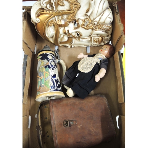 293 - Box containing a collection of miscellaneous items to include tankards, doll, Deco chrome figure, le... 