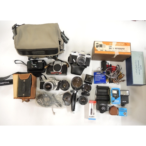 298 - Canon EOS 300 digital camera with quantity of film cameras, lenses and other camera accessories