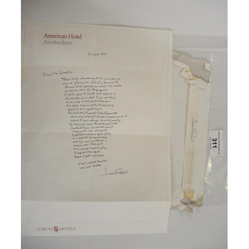 311 - Sir John Gielgud, signed hand written letter (written whilst filming Prospero's Books)