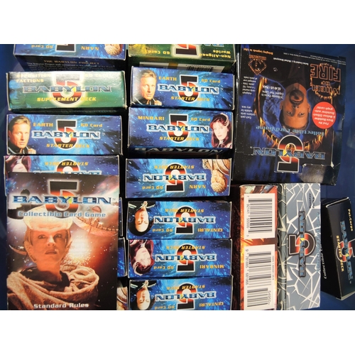 361 - Three boxes containing trading cards, including Battle Star Galactica, James Bond, Babylon 5 etc.