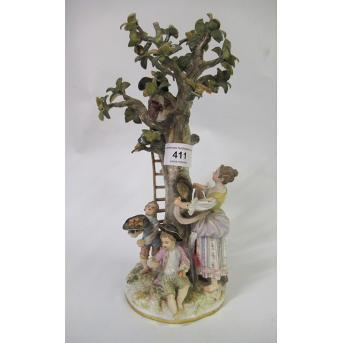 411 - 19th Century Meissen group of apple pickers around the base of a tree, 27cm high (some damages and l... 