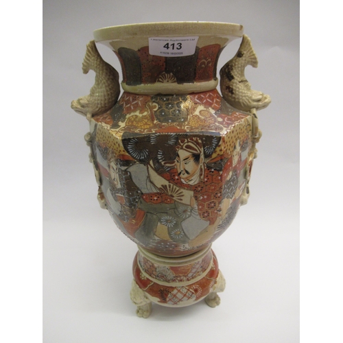 413 - Japanese satsuma pottery two handled vase on stand, 36cm high