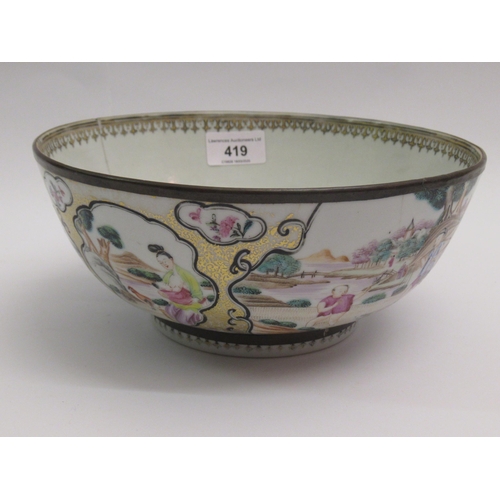 419 - 18th Century Chinese bowl decorated with panels of figures and animals in landscapes (damages)