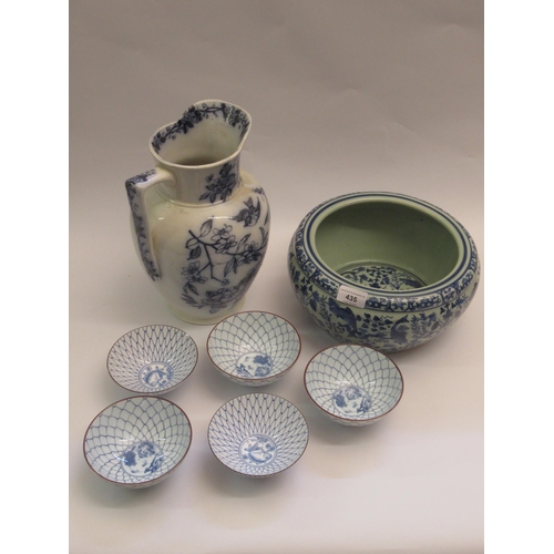 435 - Chinese blue and white bowl and a set of five Japanese blue and white rice bowls