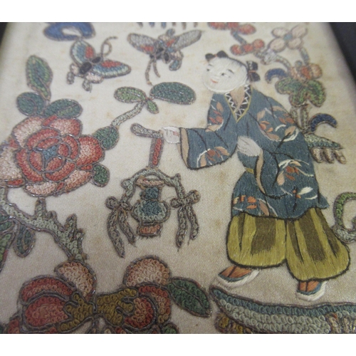 45 - Group of four Chinese silkwork sleeve panels, together with another similar picture