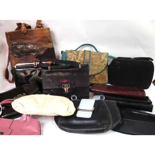 46 - Three boxes containing a large collection of various ladies handbags etc.