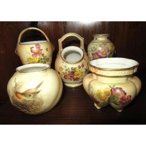 469 - Group of six various Royal Worcester blush ivory floral decorated vases, the tallest 12.5cm