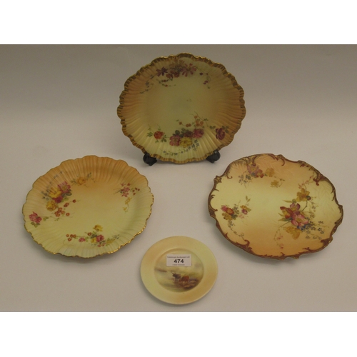 474 - Miniature Worcester blush ivory plate plated with Highland cattle, unsigned (at fault), 11.5cm diame... 