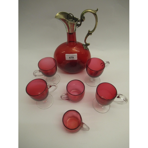 479 - Ruby glass and silver plate mounted claret jug, together with a small quantity of Cranberry glass