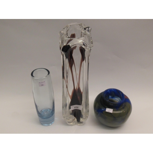 486 - Group of three various studio glass vases, each indistinctly signed to the base, the tallest 36cm hi... 