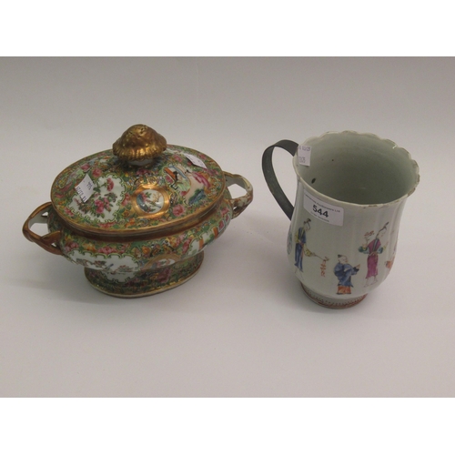 544 - Chinese mug having enamel decoration, figures at at table with metal handle (at fault) and a Canton ... 