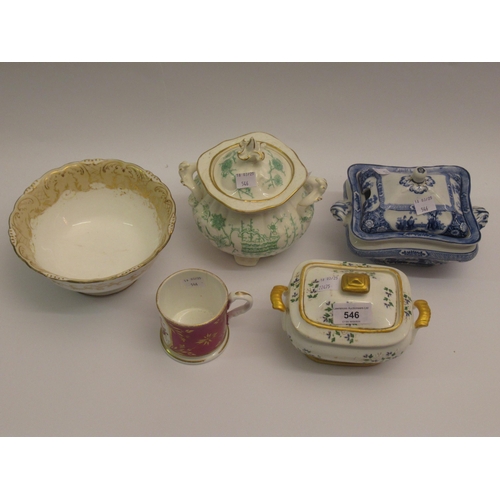 546 - Three various small tureens and covers, one blue and white by Booths (cover at fault), circular Coal... 