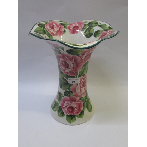 553 - Large Wemyss pottery flared rim vase decorated with roses, (chip and crack to rim), painted and stam... 