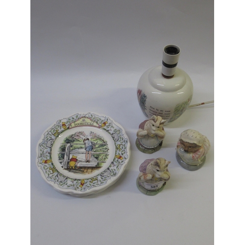 585 - Three Border Fine Arts Beatrix Potter figures, four Royal Doulton Winnie The Pooh plates, and a Wedg... 