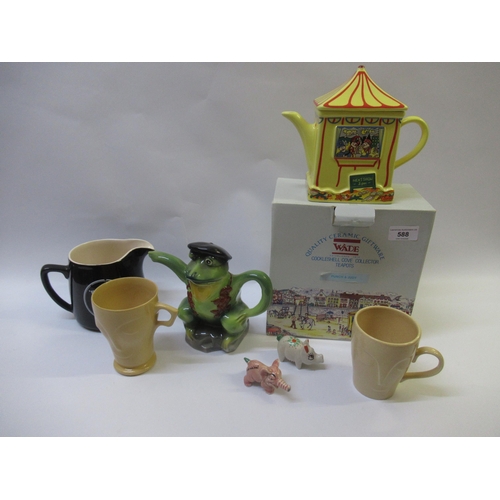 588 - Wade Punch and Judy teapot, boxed, two Bournvita mugs, a Wood frog teapot, Wade whisky jug and two S... 