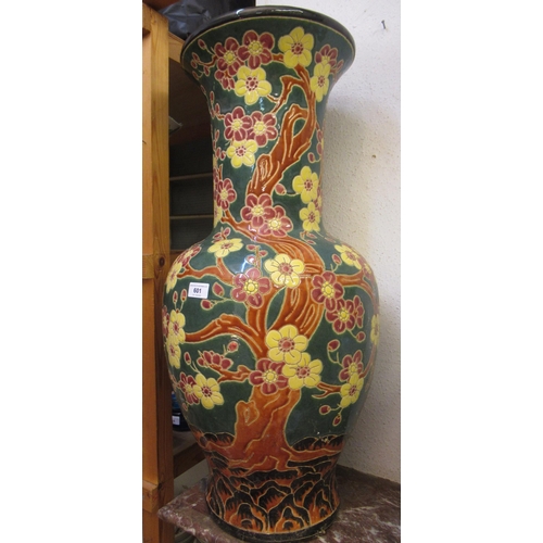 601 - Large floral decorated baluster form vase, 80cm high, together with a reproduction brass mounted pot... 