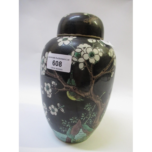 608 - Chinese famille noir bulbous shaped vase with cover, painted with birds in prunus blossom, signed wi... 