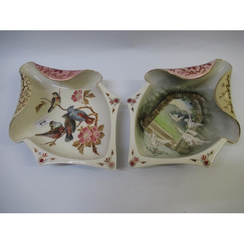 610 - Pair of Continental (possibly Zsolnay Pecs), wall plaques painted with birds, 35cm high