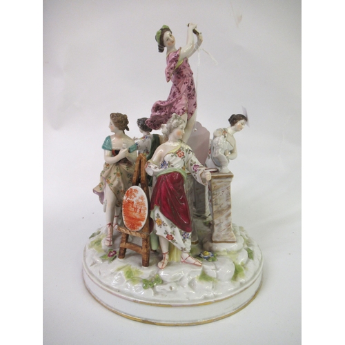 611 - German porcelain group of six muses on a circular base (with damages), 25cm high