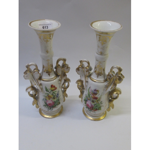 613 - Pair of 19th Century Paris porcelain floral painted two handled vases, 31cm high