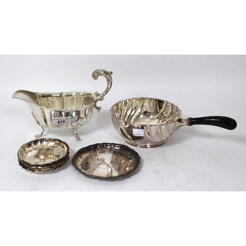 618 - Danish silver sauce boat on low supports, dish with turned wooden handle, and a group of six dishes ... 