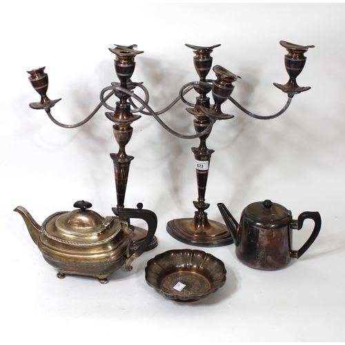 623 - Pair of 19th Century silver plated three branch candelabra, together with two plated teapots, and a ... 