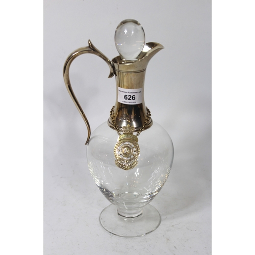 626 - Modern London silver mounted glass claret jug with silver RAC label