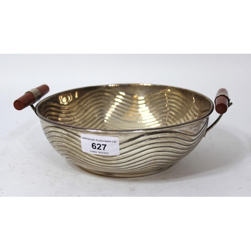 627 - Continental silver (925 mark) circular fruit bowl with turned wooden handles, 10.5oz t gross