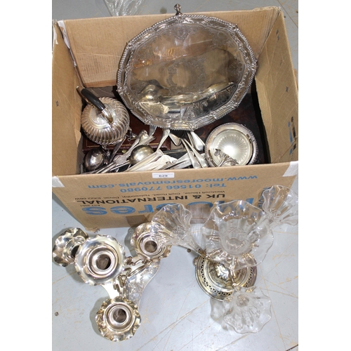 629 - Quantity of miscellaneous silver plate, to include two epergnes, salver, spirit kettle, etc.