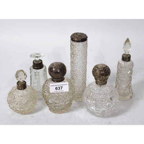 637 - Group of six various silver mounted cut glass dressing table bottles