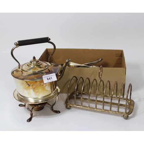 641 - Silver plated spirit kettle on stand with burner together with a plated toast rack and a quantity of... 