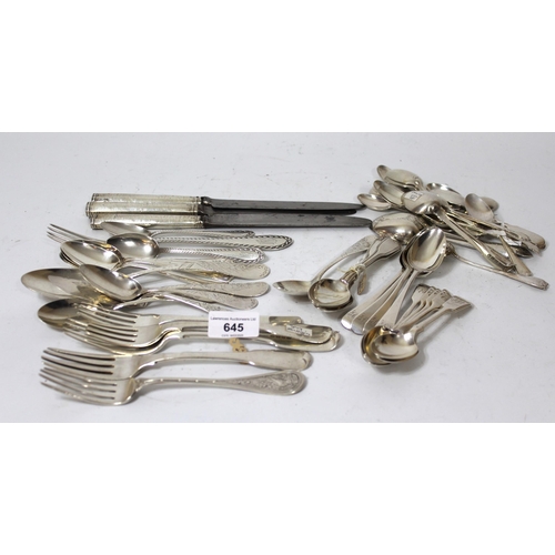 645 - Quantity of various antique silver forks, spoons, dessert spoons etc., also including three silver h... 