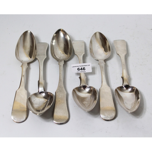 646 - Set of six Russian silver table spoons (84 standard mark), 1837, with initial A.T. and M.T., 13oz t