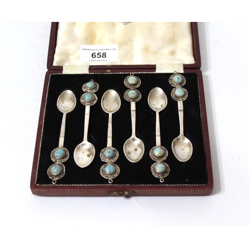 658 - Cased set of six Continental white metal spoons with turquoise inset finials