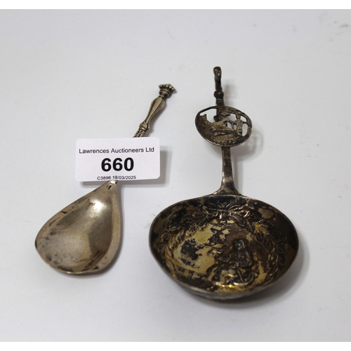 660 - Dutch silver gilt spoon, together with another white metal spoon