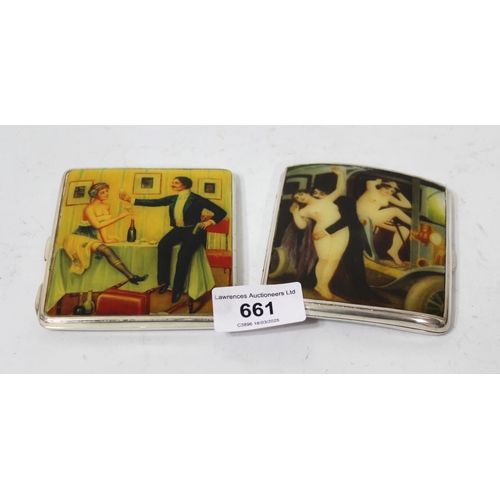 661 - Two silver cigarette cases with later printed covers, 8.3oz t