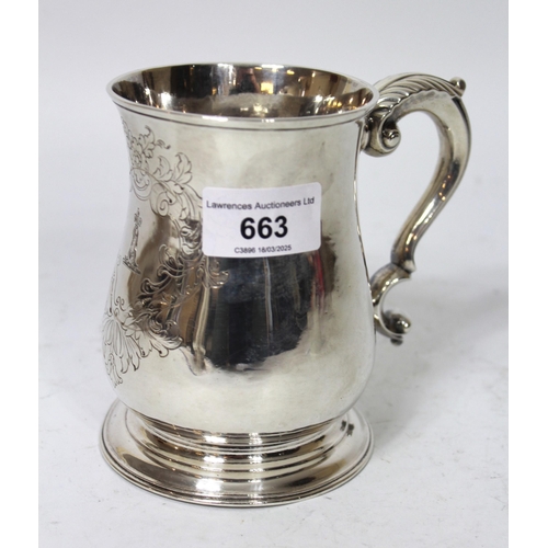 663 - Late George II silver mug with scroll handle. London 1754, 12.8oz t, makers mark Fuller White