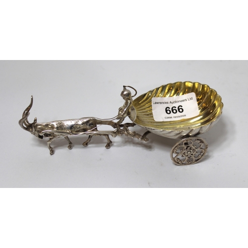 666 - Late Victorian silver novelty salt in the form of a ram pulling a shell form cart, 3.1oz t