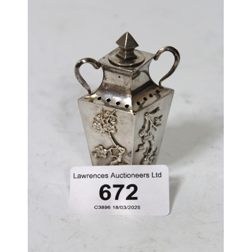 672 - Chinese silver condiment cast with flowers, makers mark L.W.