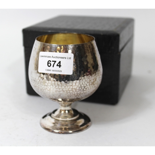 674 - Beaten white metal (950 mark) brandy goblet, 3oz t