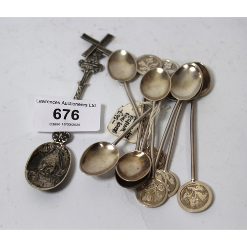 676 - Set of eight Chinese silver coffee spoons, together with a Dutch silver spoon