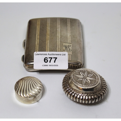 677 - Rectangular silver cigarette case, circular pill box (925 mark) and an oval plated pill box