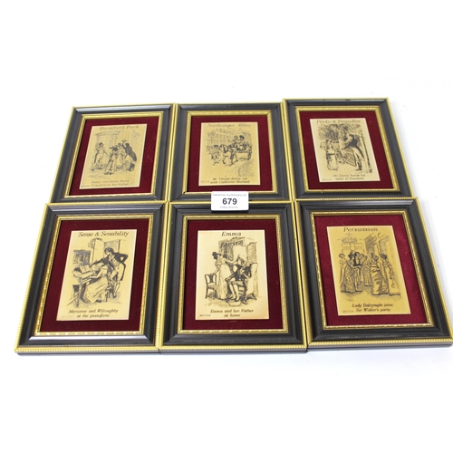 679 - Set of six silver gilt plaques of Jane Austen illustrations, each 95mm x 65mm, framed